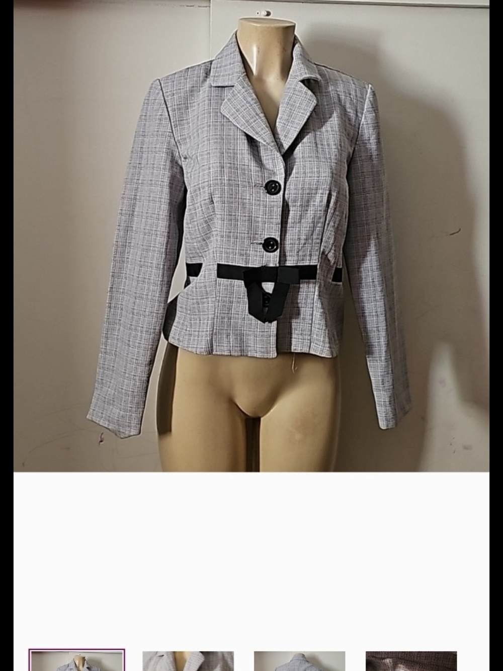 Sweet Storm Gray Plaid Tailored Blazer with Black Belt Accent